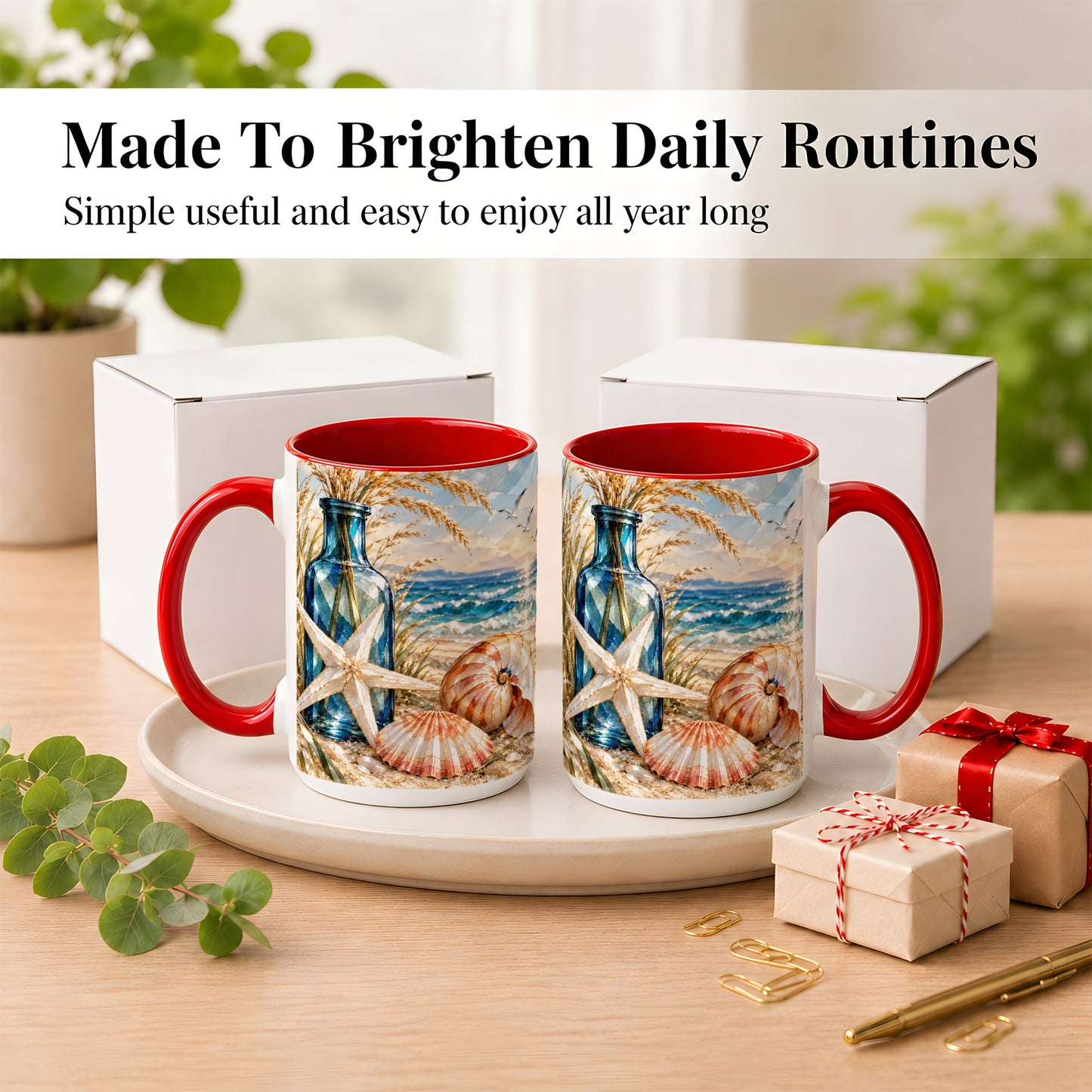 #pl[15oz|Red] Stained Glass Style Seashell Coffee Mug, Starfish Mug, Ceramic Cup
