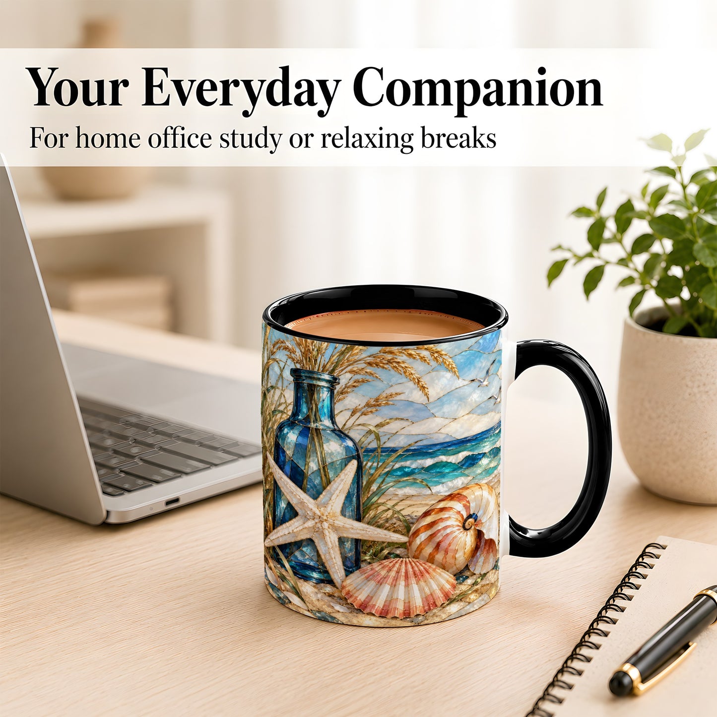 #pl[11oz|Black] Coastal Seashell Coffee Mug, Stained Glass Style Mug, Ceramic Cup