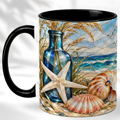 #pl[11oz|Black] Coastal Seashell Coffee Mug, Stained Glass Style Mug, Ceramic Cup