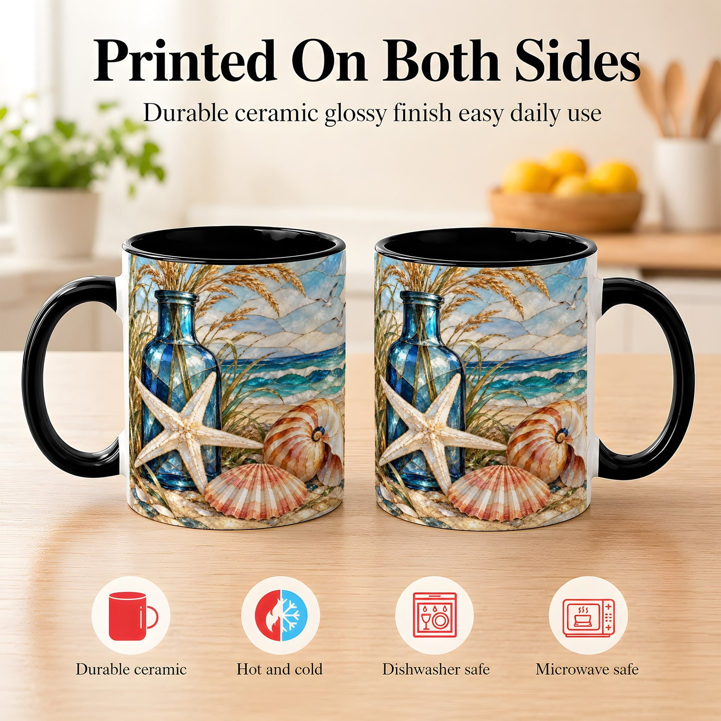 #pl[11oz|Black] Coastal Seashell Coffee Mug, Stained Glass Style Mug, Ceramic Cup