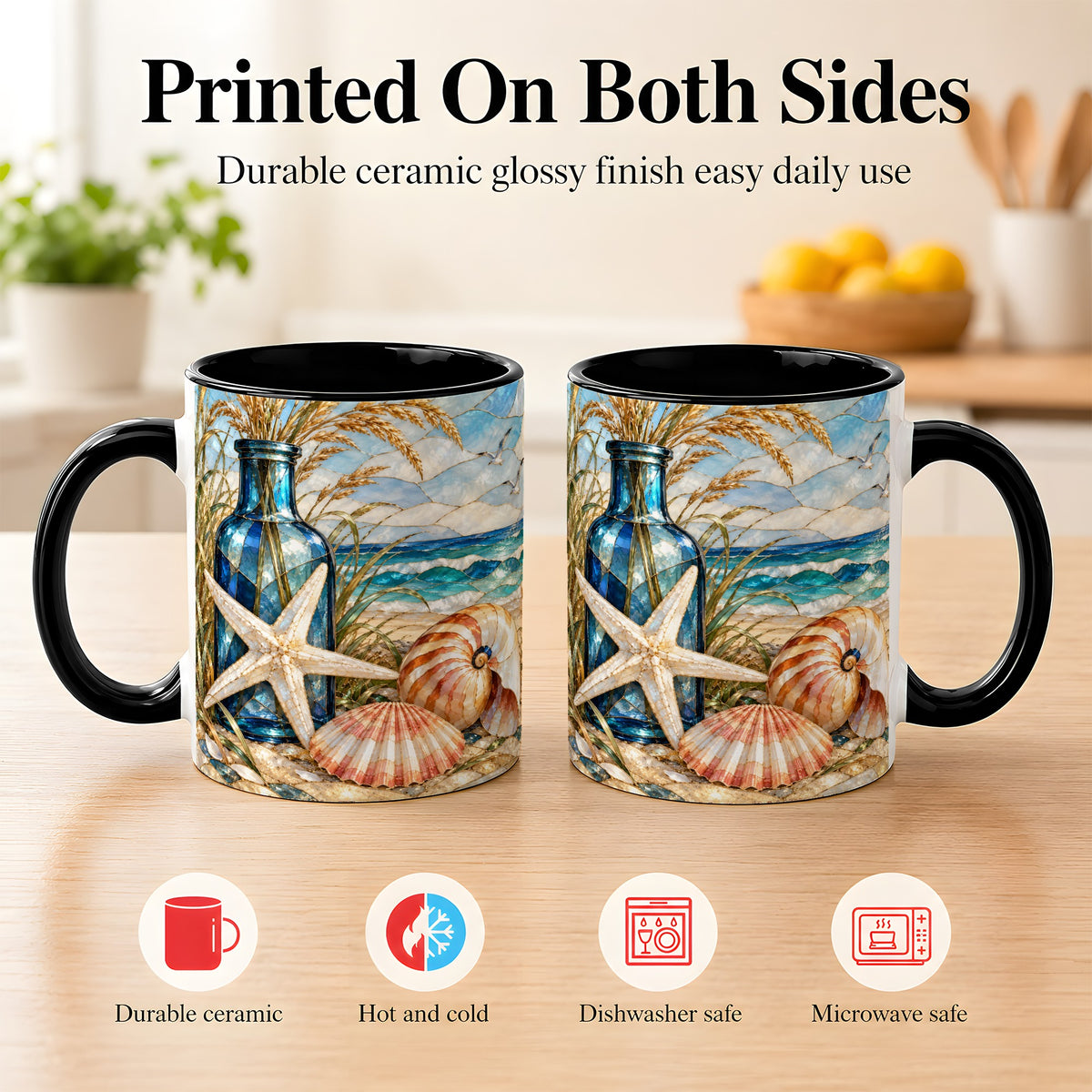 #pl[11oz|Black] Coastal Seashell Coffee Mug, Stained Glass Style Mug, Ceramic Cup