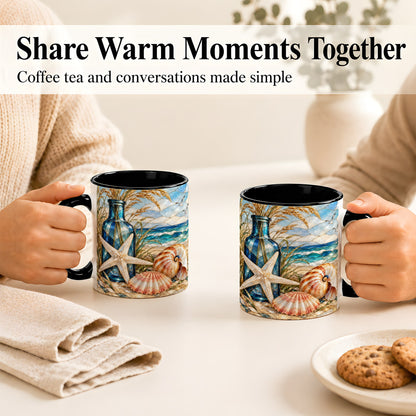 #pl[11oz|Black] Coastal Seashell Coffee Mug, Stained Glass Style Mug, Ceramic Cup