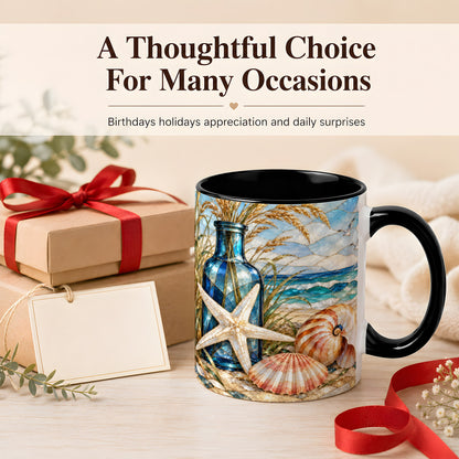 #pl[11oz|Black] Coastal Seashell Coffee Mug, Stained Glass Style Mug, Ceramic Cup