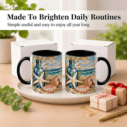 #pl[11oz|Black] Coastal Seashell Coffee Mug, Stained Glass Style Mug, Ceramic Cup