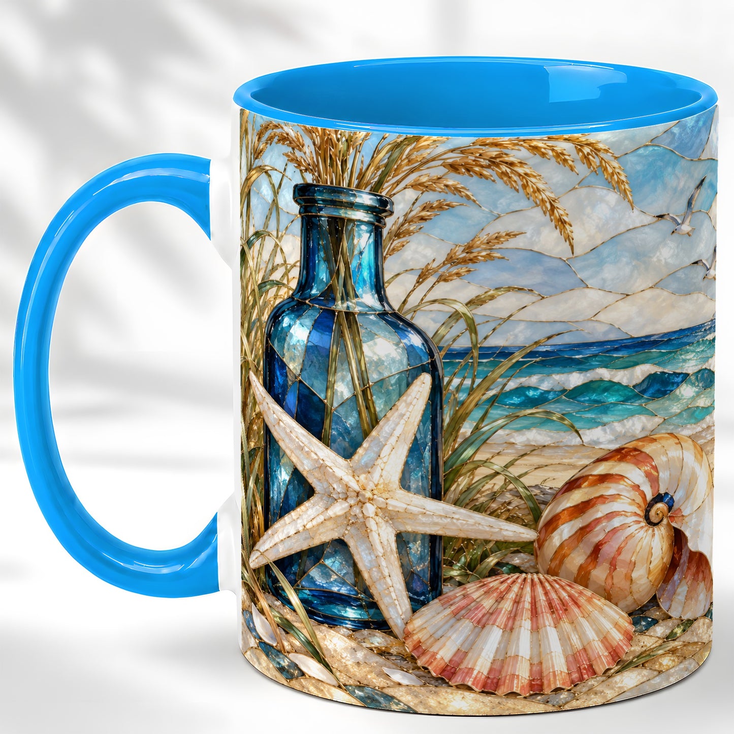#pl[11oz|Blue] Coastal Seashell Coffee Mug, Stained Glass Style Mug, Ceramic Cup