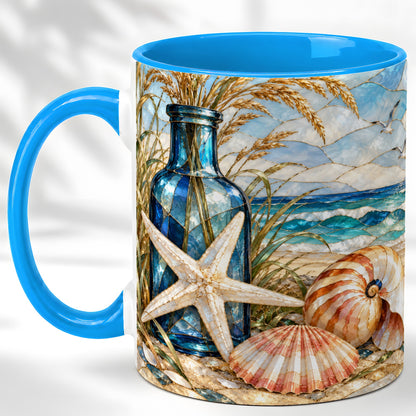 #pl[11oz|Blue] Coastal Seashell Coffee Mug, Stained Glass Style Mug, Ceramic Cup