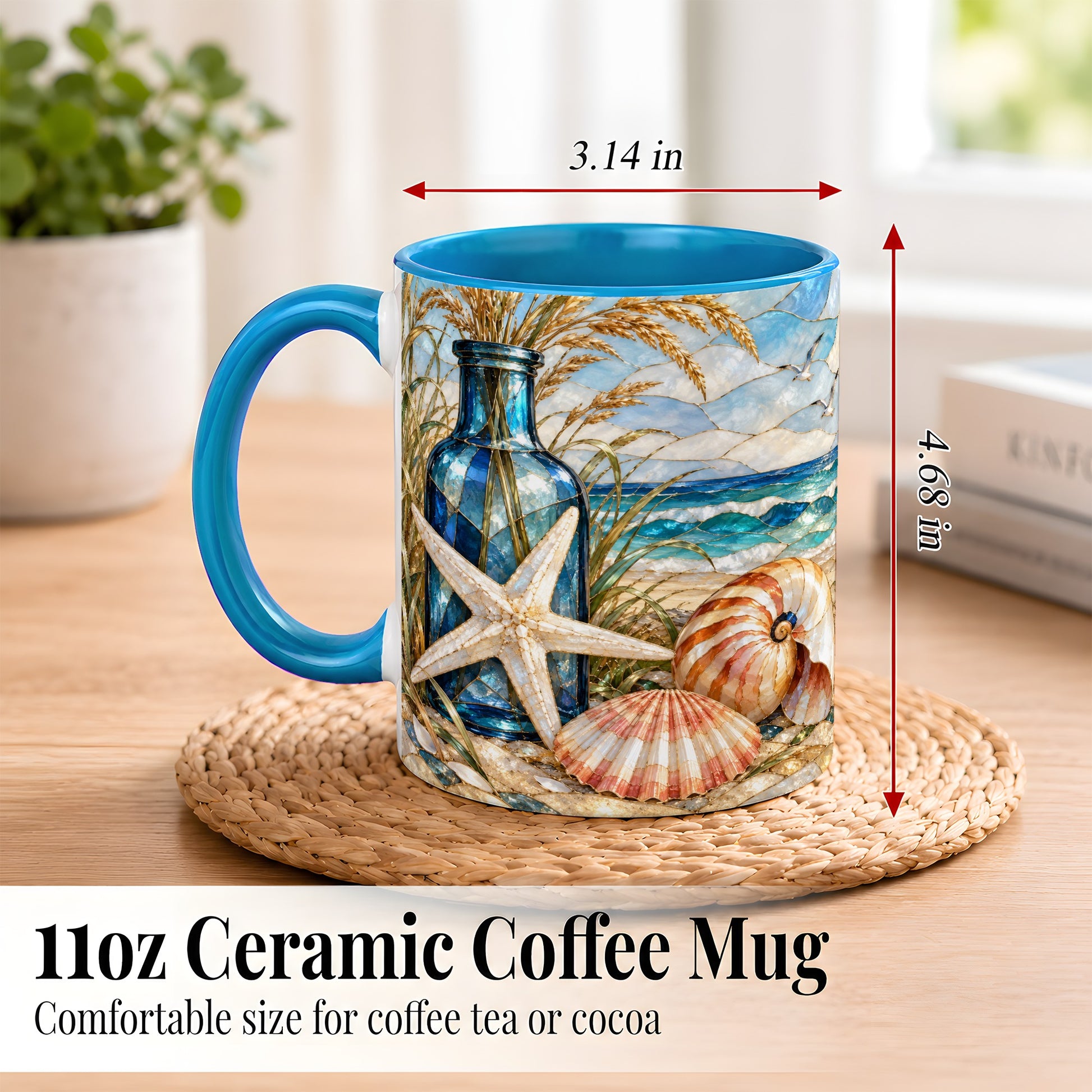#pl[11oz|Blue] Coastal Seashell Coffee Mug, Stained Glass Style Mug, Ceramic Cup