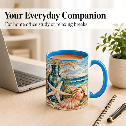 #pl[11oz|Blue] Coastal Seashell Coffee Mug, Stained Glass Style Mug, Ceramic Cup