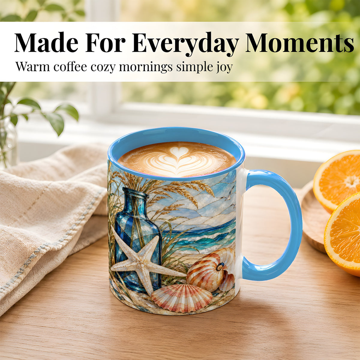 #pl[11oz|Blue] Coastal Seashell Coffee Mug, Stained Glass Style Mug, Ceramic Cup