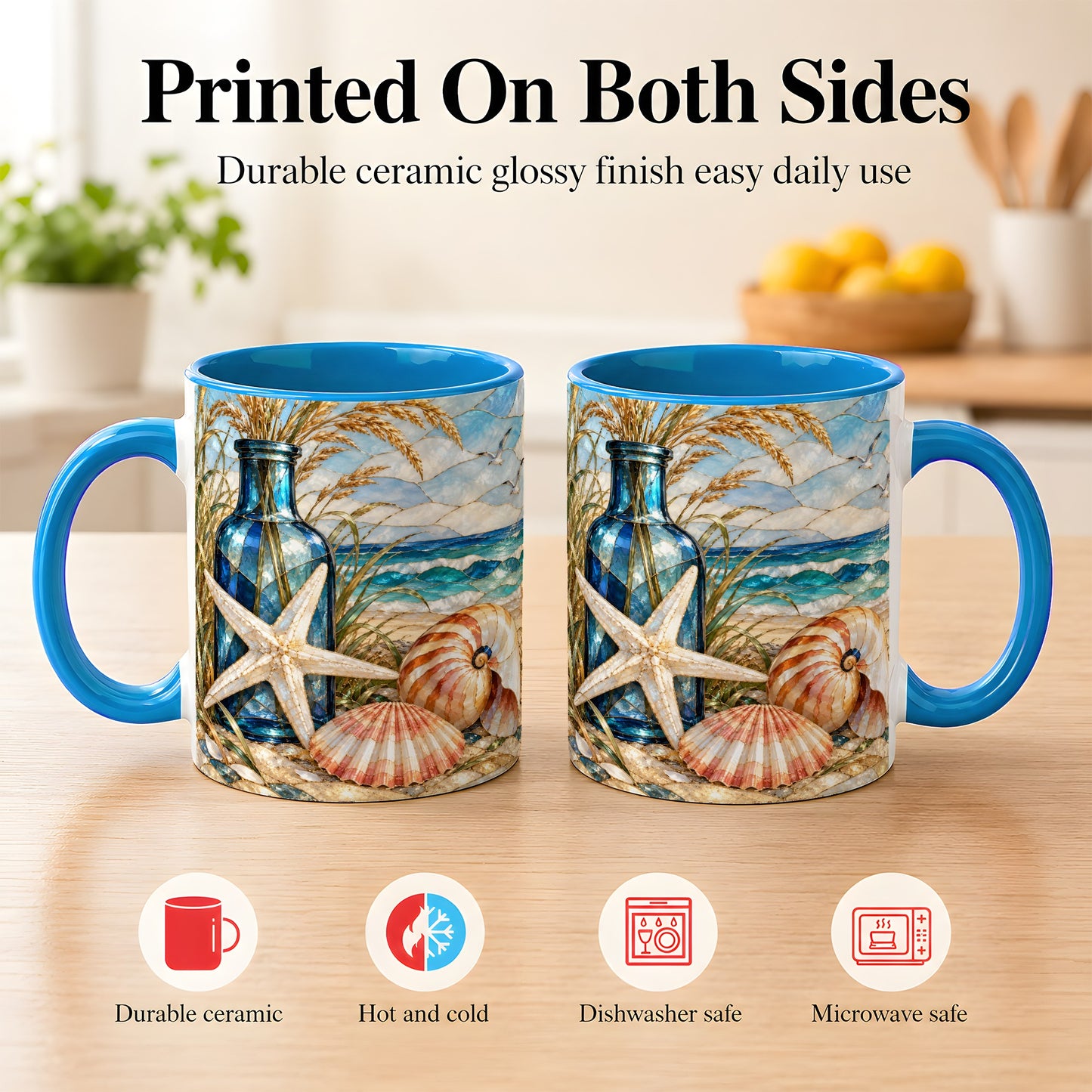 #pl[11oz|Blue] Coastal Seashell Coffee Mug, Stained Glass Style Mug, Ceramic Cup