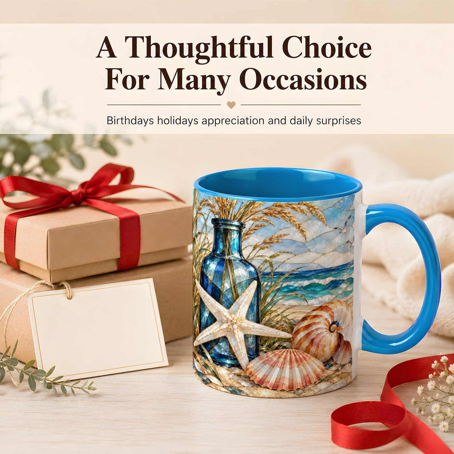 #pl[11oz|Blue] Coastal Seashell Coffee Mug, Stained Glass Style Mug, Ceramic Cup