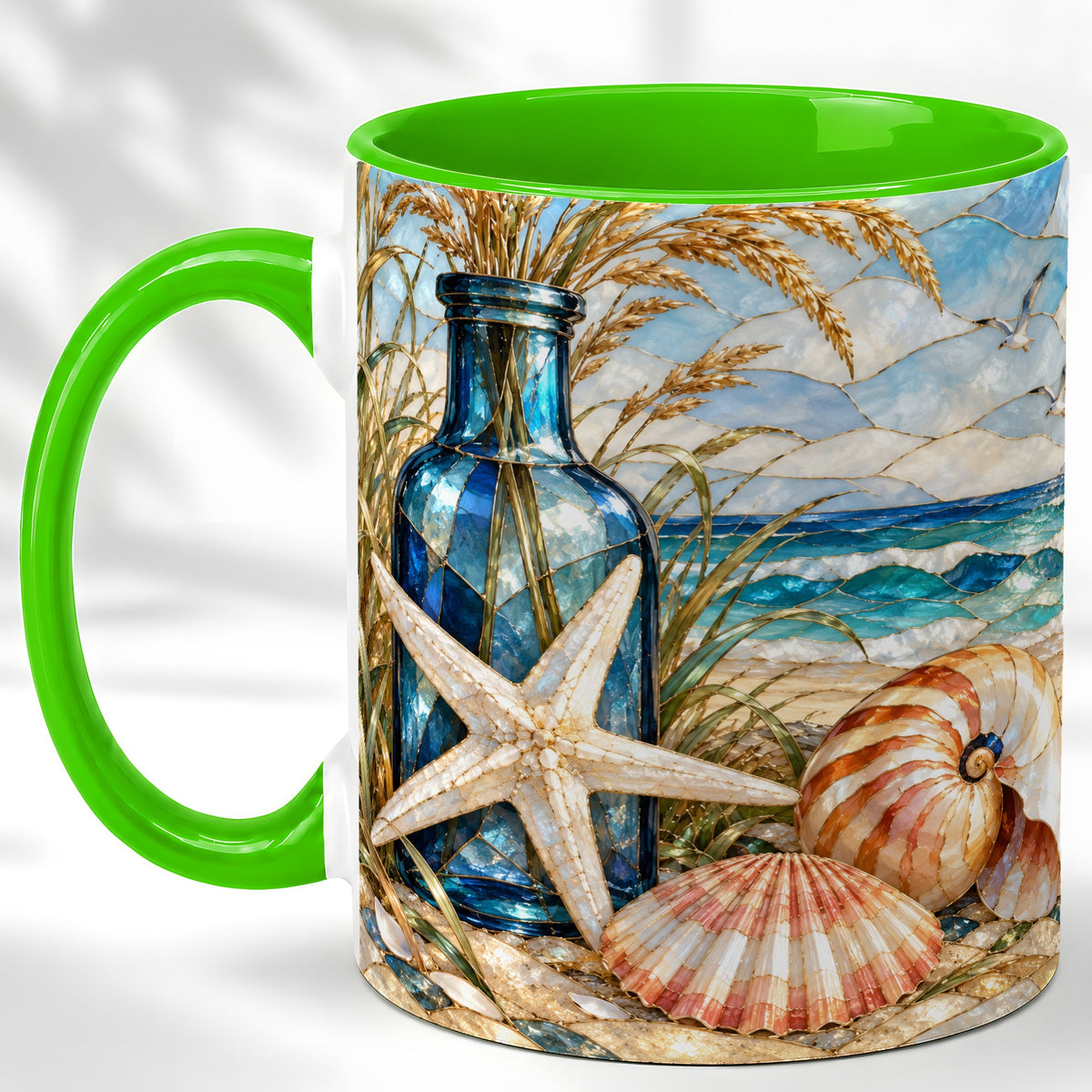 #pl[11oz|Green] Coastal Seashell Coffee Mug, Stained Glass Style Mug, Ceramic Cup