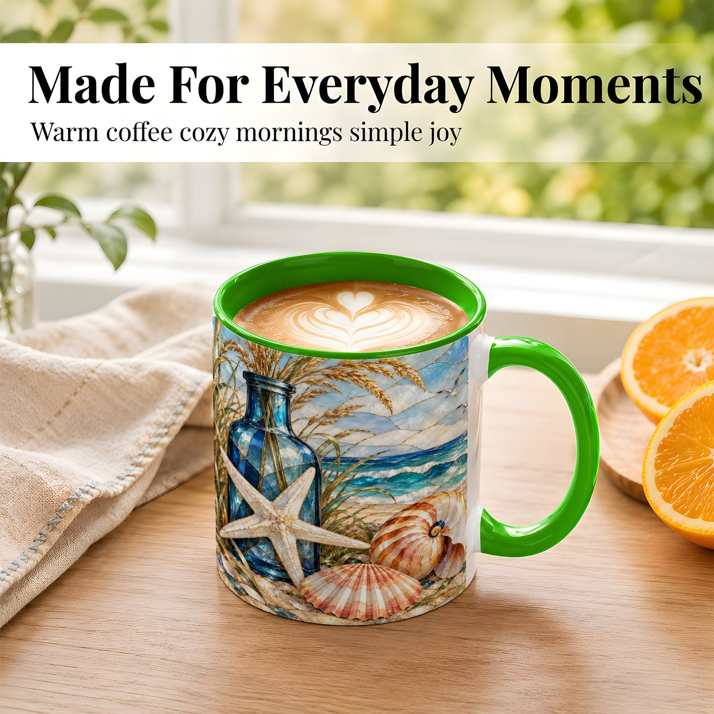 #pl[11oz|Green] Coastal Seashell Coffee Mug, Stained Glass Style Mug, Ceramic Cup