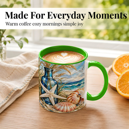 #pl[11oz|Green] Coastal Seashell Coffee Mug, Stained Glass Style Mug, Ceramic Cup