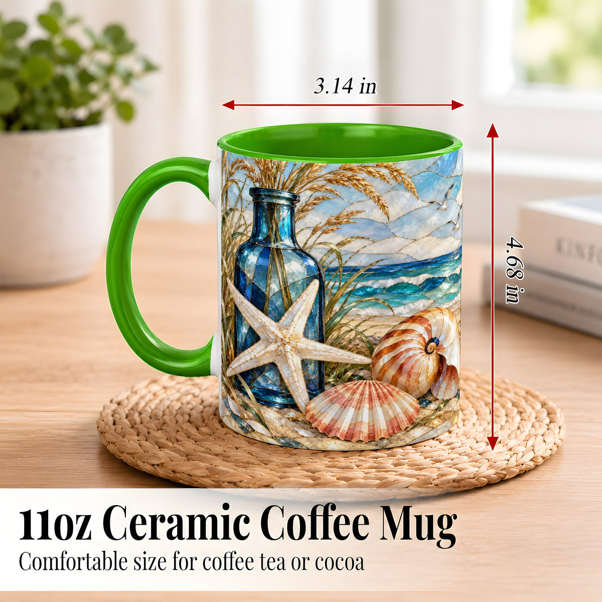 #pl[11oz|Green] Coastal Seashell Coffee Mug, Stained Glass Style Mug, Ceramic Cup