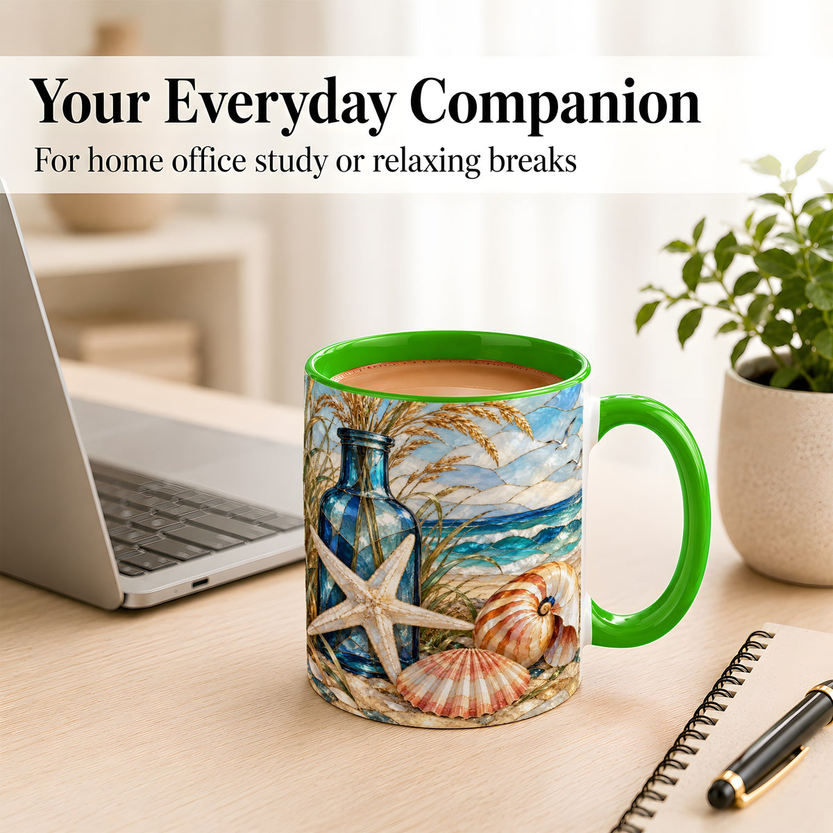 #pl[11oz|Green] Coastal Seashell Coffee Mug, Stained Glass Style Mug, Ceramic Cup
