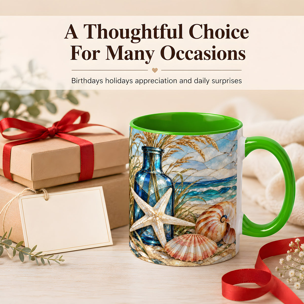 #pl[11oz|Green] Coastal Seashell Coffee Mug, Stained Glass Style Mug, Ceramic Cup