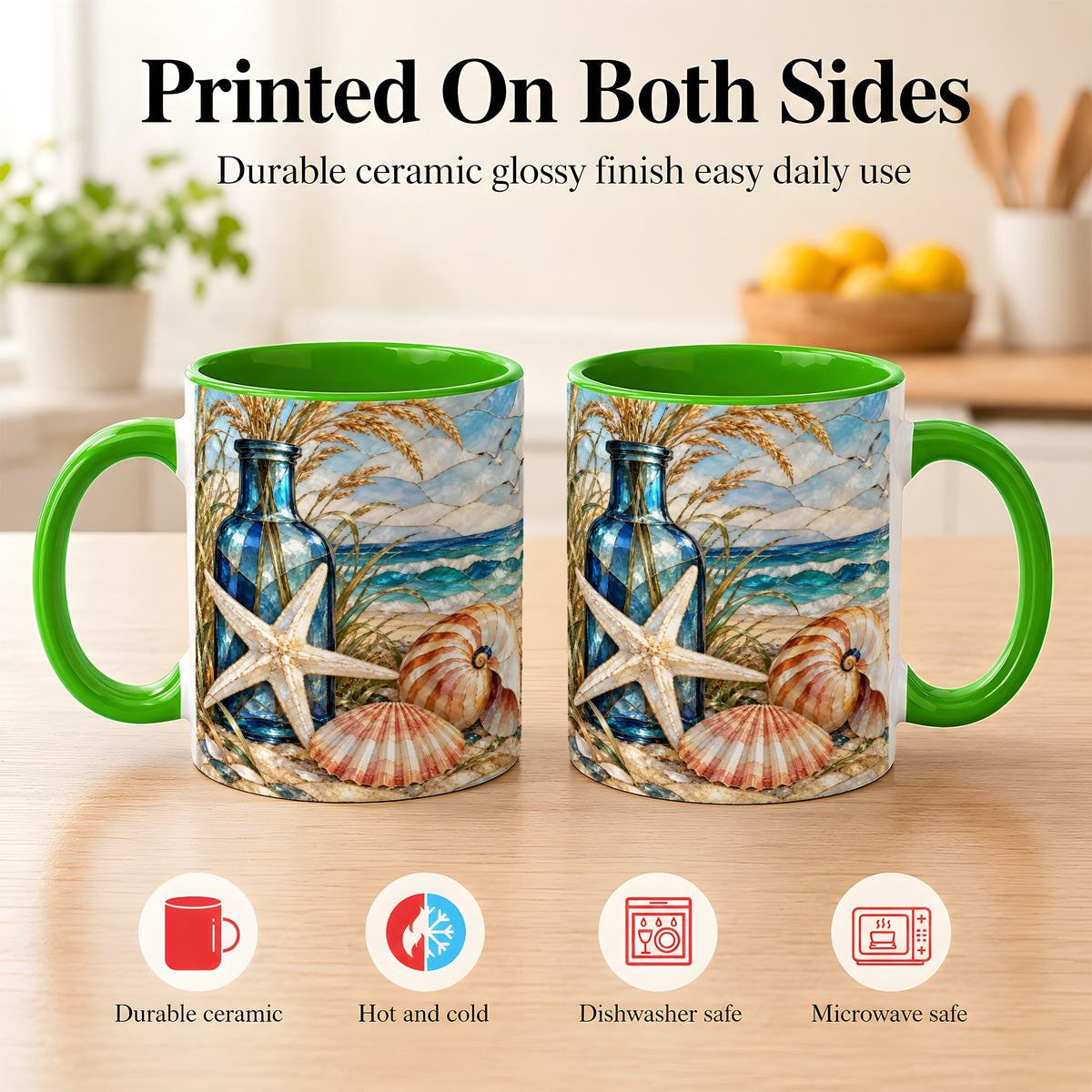 #pl[11oz|Green] Coastal Seashell Coffee Mug, Stained Glass Style Mug, Ceramic Cup