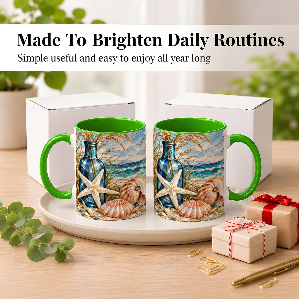 #pl[11oz|Green] Coastal Seashell Coffee Mug, Stained Glass Style Mug, Ceramic Cup