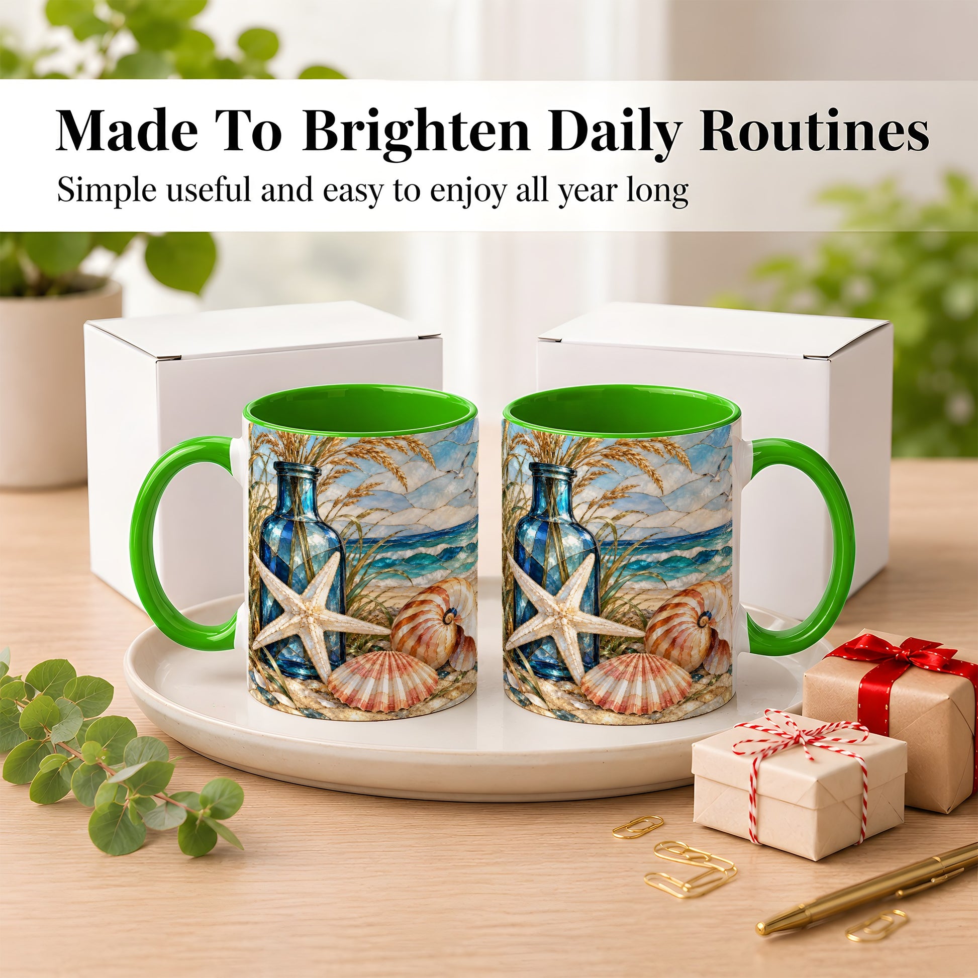 #pl[11oz|Green] Coastal Seashell Coffee Mug, Stained Glass Style Mug, Ceramic Cup