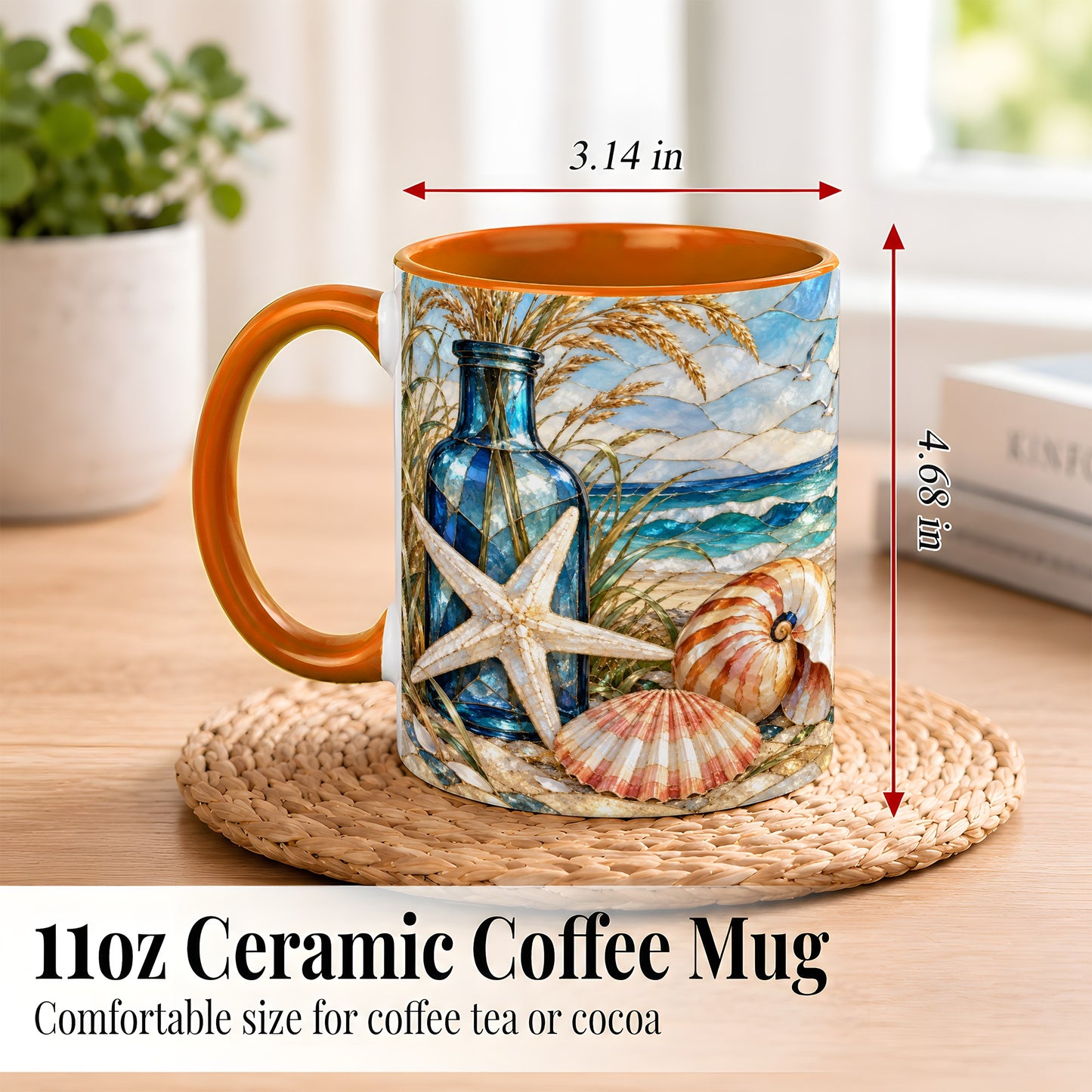 #pl[11oz|Orange] Coastal Seashell Coffee Mug, Stained Glass Style Mug, Ceramic Cup