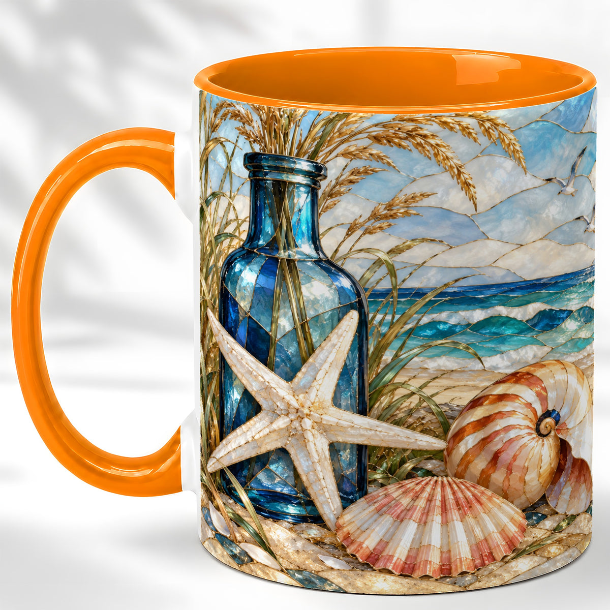 #pl[11oz|Orange] Coastal Seashell Coffee Mug, Stained Glass Style Mug, Ceramic Cup