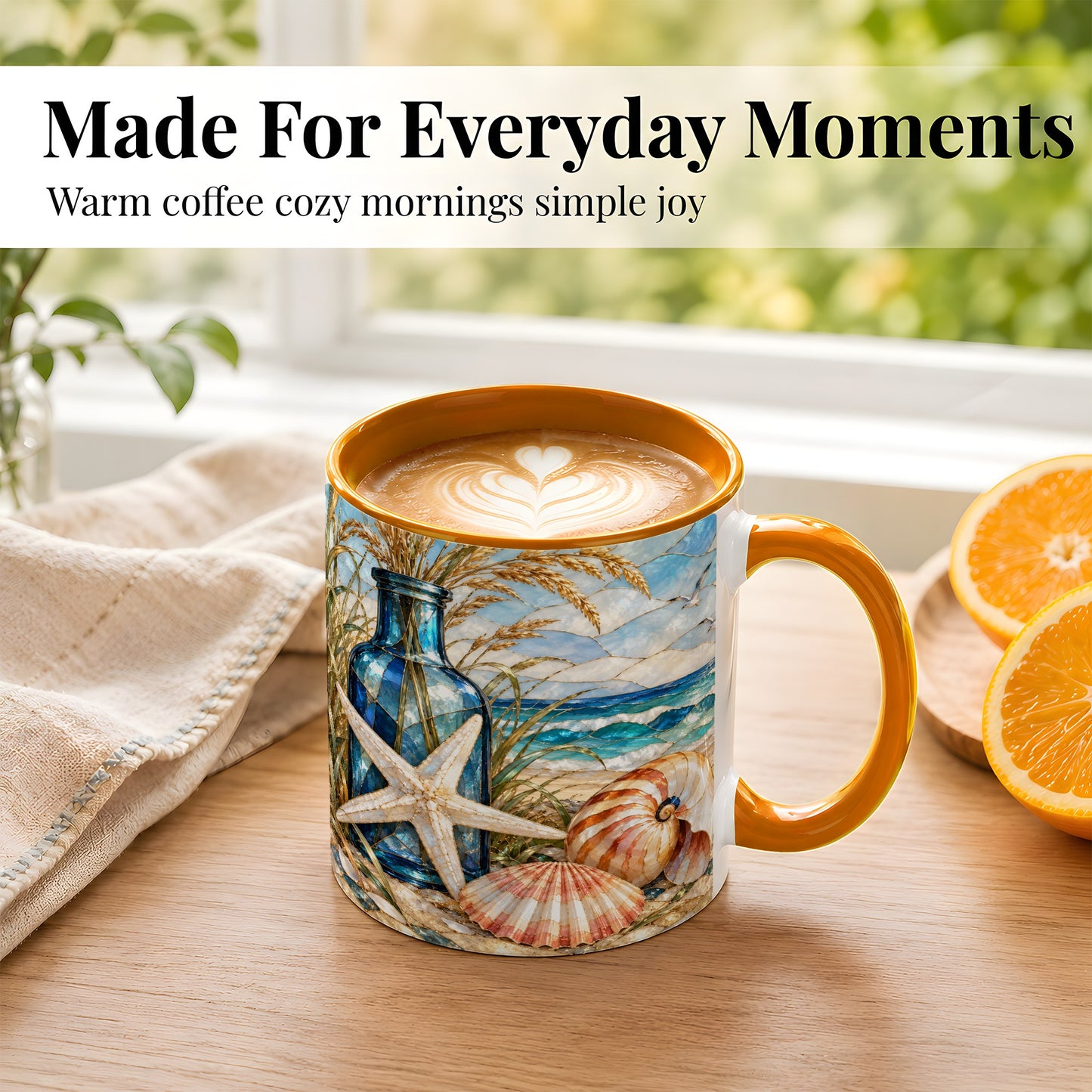 #pl[11oz|Orange] Coastal Seashell Coffee Mug, Stained Glass Style Mug, Ceramic Cup