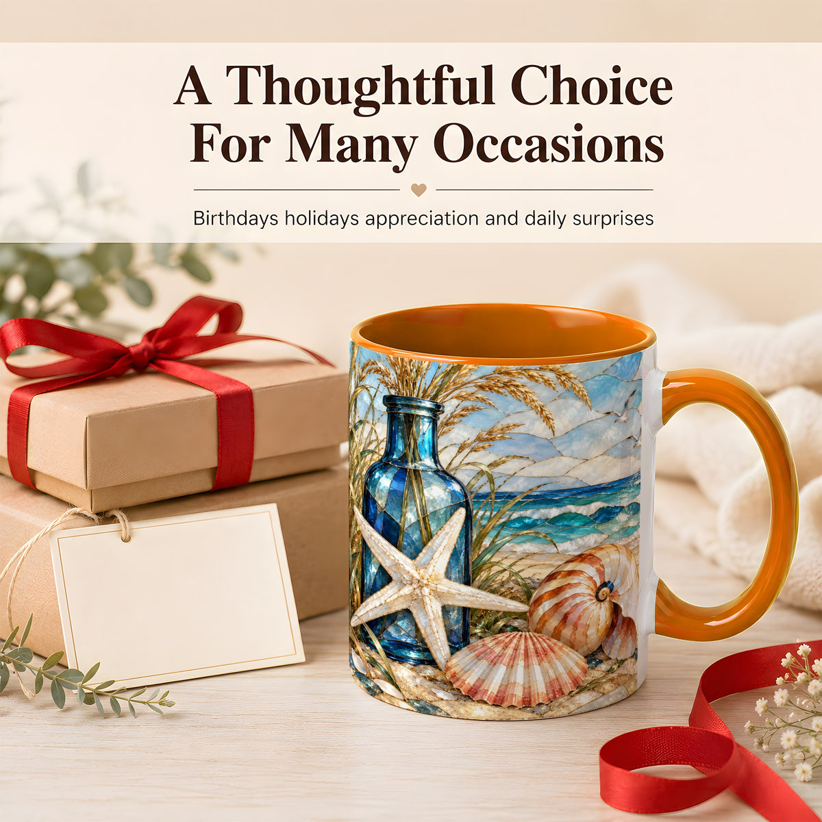 #pl[11oz|Orange] Coastal Seashell Coffee Mug, Stained Glass Style Mug, Ceramic Cup