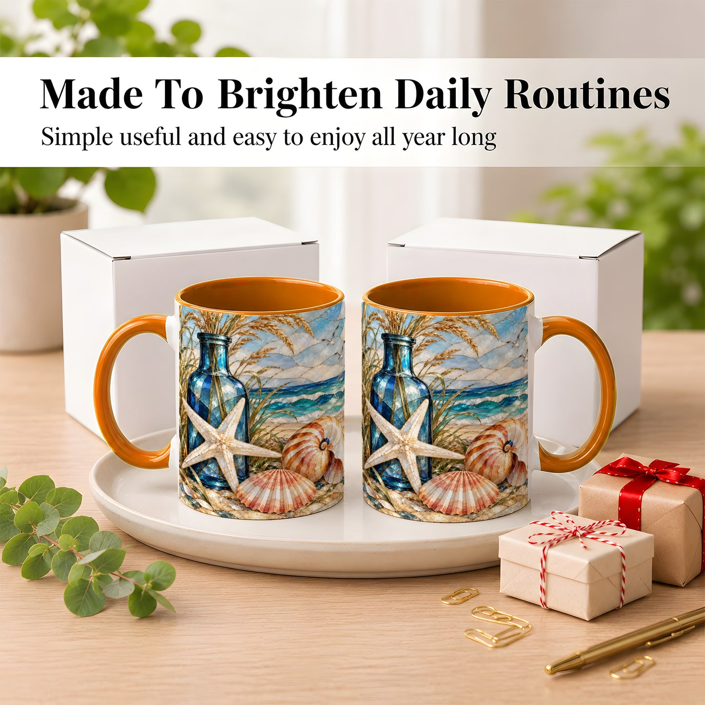 #pl[11oz|Orange] Coastal Seashell Coffee Mug, Stained Glass Style Mug, Ceramic Cup