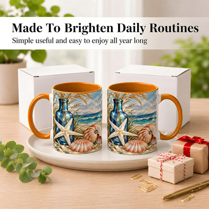 #pl[11oz|Orange] Coastal Seashell Coffee Mug, Stained Glass Style Mug, Ceramic Cup