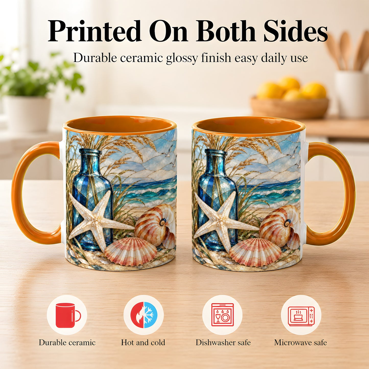 #pl[11oz|Orange] Coastal Seashell Coffee Mug, Stained Glass Style Mug, Ceramic Cup