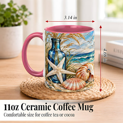 #pl[11oz|Pink] Coastal Seashell Coffee Mug, Stained Glass Style Mug, Ceramic Cup