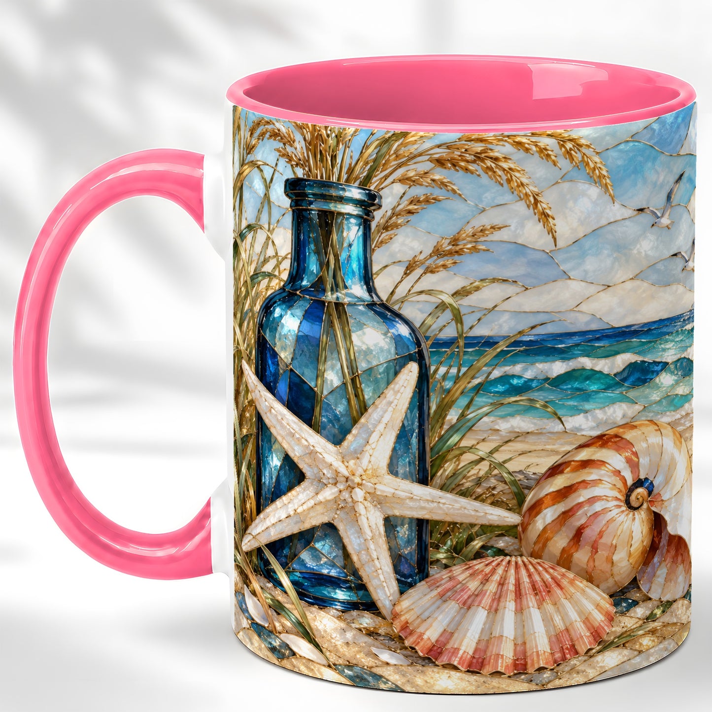 #pl[11oz|Pink] Coastal Seashell Coffee Mug, Stained Glass Style Mug, Ceramic Cup