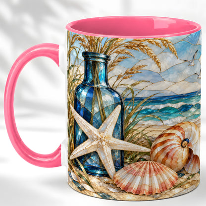 #pl[11oz|Pink] Coastal Seashell Coffee Mug, Stained Glass Style Mug, Ceramic Cup
