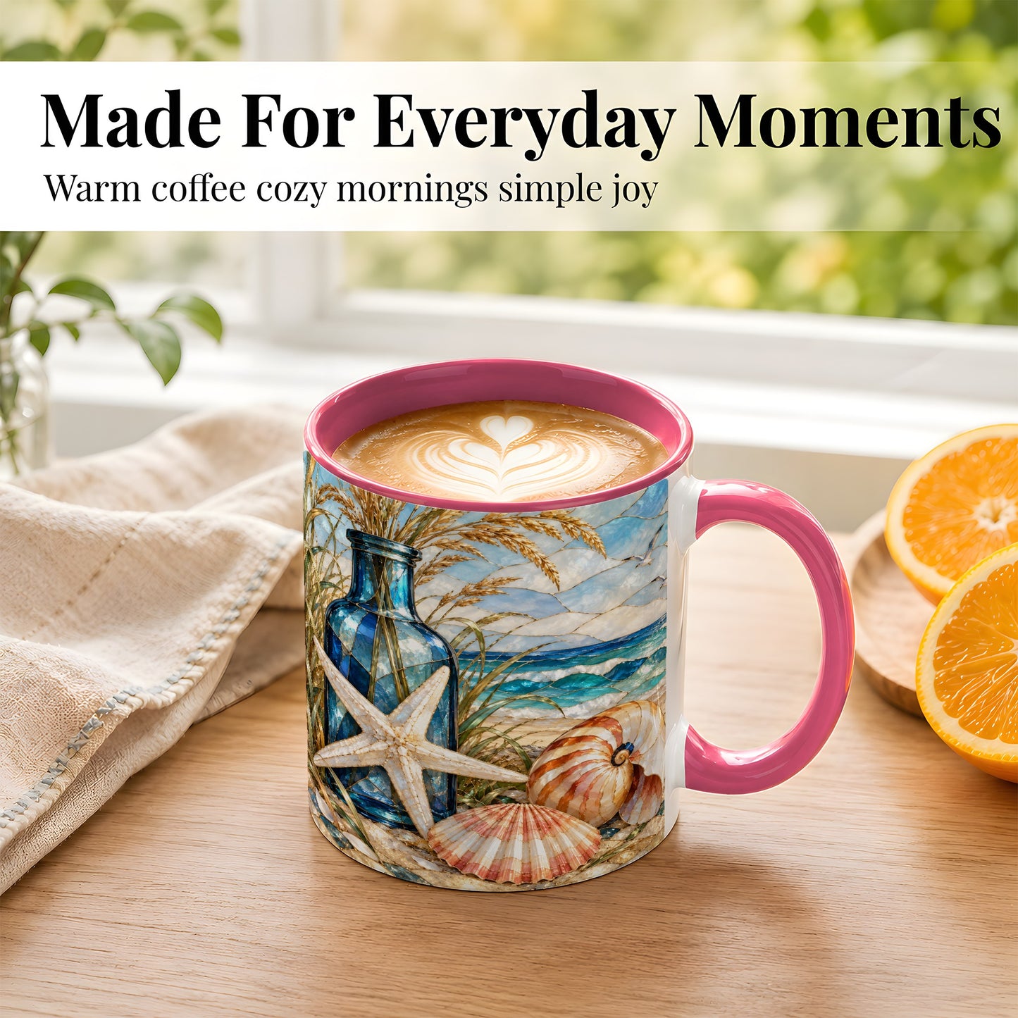 #pl[11oz|Pink] Coastal Seashell Coffee Mug, Stained Glass Style Mug, Ceramic Cup
