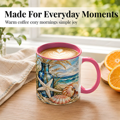 #pl[11oz|Pink] Coastal Seashell Coffee Mug, Stained Glass Style Mug, Ceramic Cup