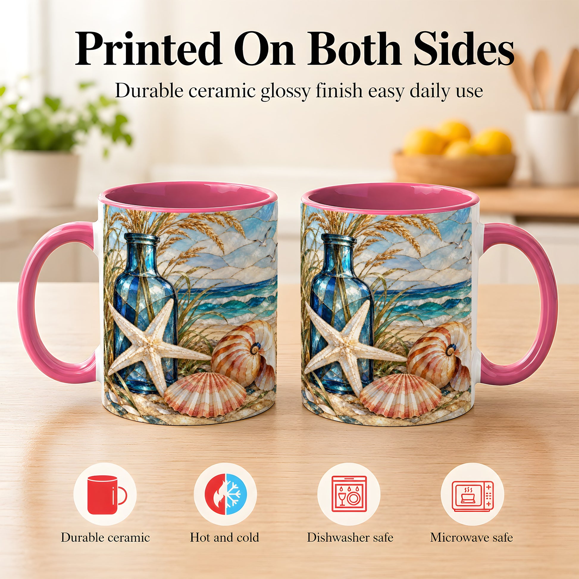 #pl[11oz|Pink] Coastal Seashell Coffee Mug, Stained Glass Style Mug, Ceramic Cup