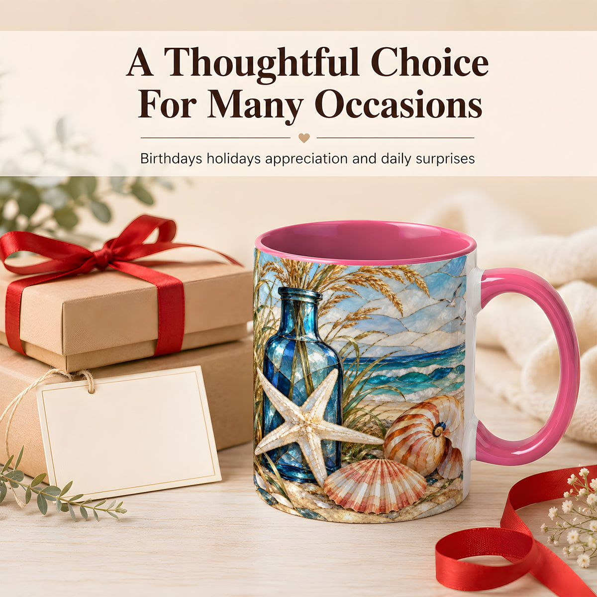 #pl[11oz|Pink] Coastal Seashell Coffee Mug, Stained Glass Style Mug, Ceramic Cup