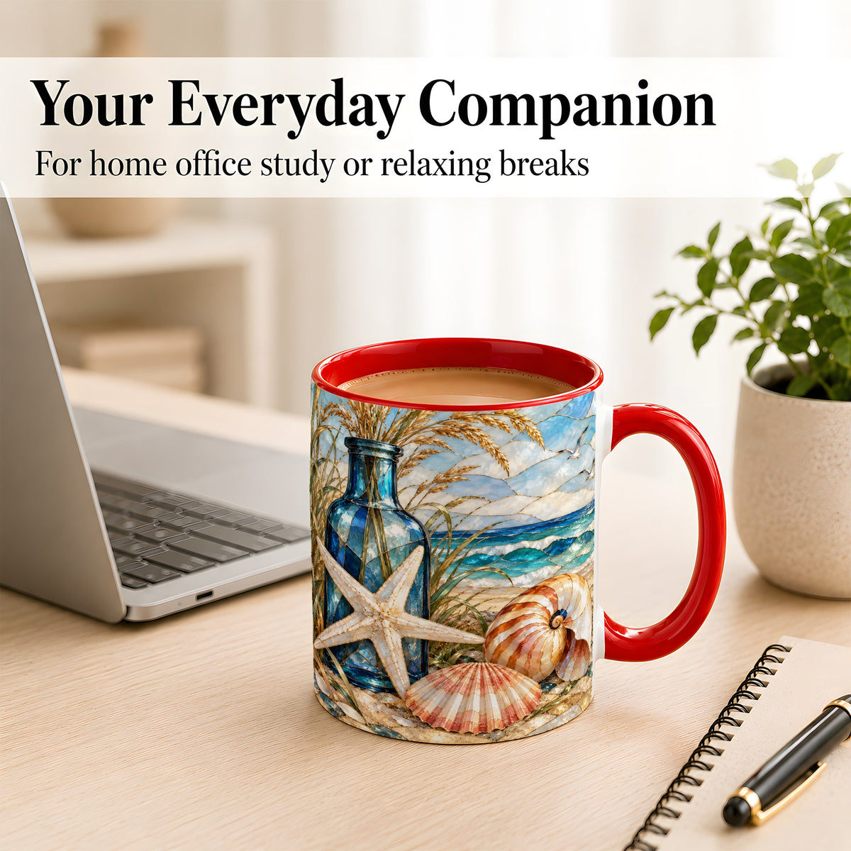 #pl[11oz|Red] Coastal Seashell Coffee Mug, Stained Glass Style Mug, Ceramic Cup