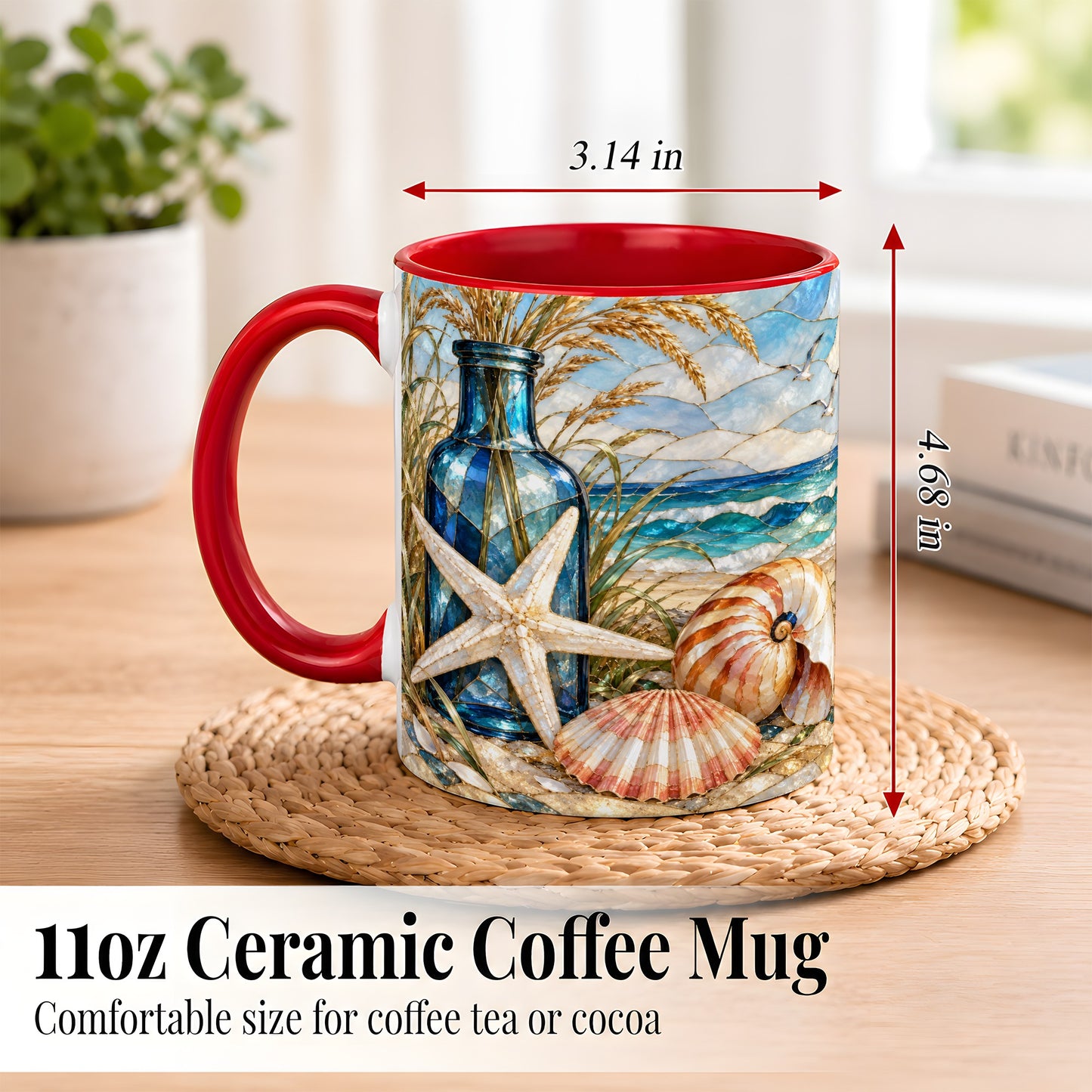 #pl[11oz|Red] Coastal Seashell Coffee Mug, Stained Glass Style Mug, Ceramic Cup