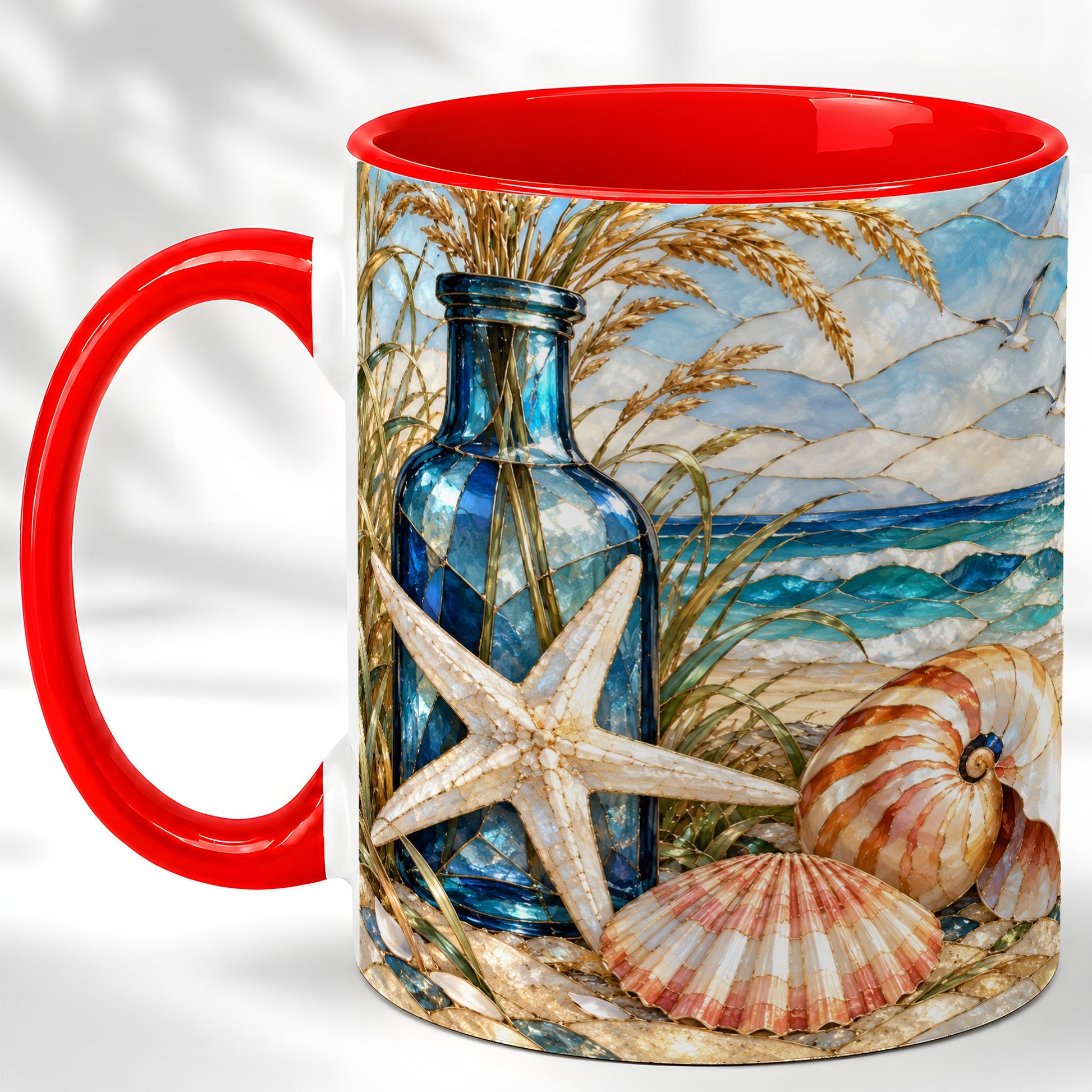 Coastal Seashell Coffee Mug, Stained Glass Style Mug, Ceramic Cup