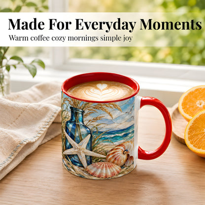 #pl[11oz|Red] Coastal Seashell Coffee Mug, Stained Glass Style Mug, Ceramic Cup