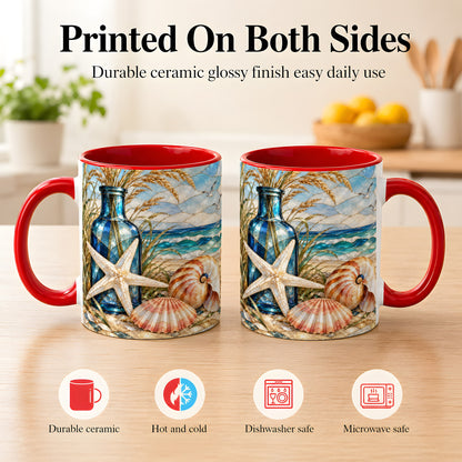 #pl[11oz|Red] Coastal Seashell Coffee Mug, Stained Glass Style Mug, Ceramic Cup