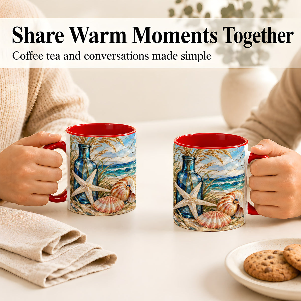 #pl[11oz|Red] Coastal Seashell Coffee Mug, Stained Glass Style Mug, Ceramic Cup