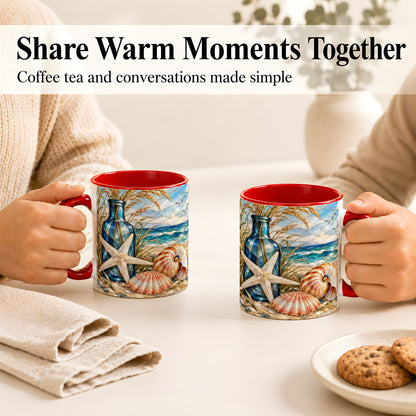 #pl[11oz|Red] Coastal Seashell Coffee Mug, Stained Glass Style Mug, Ceramic Cup