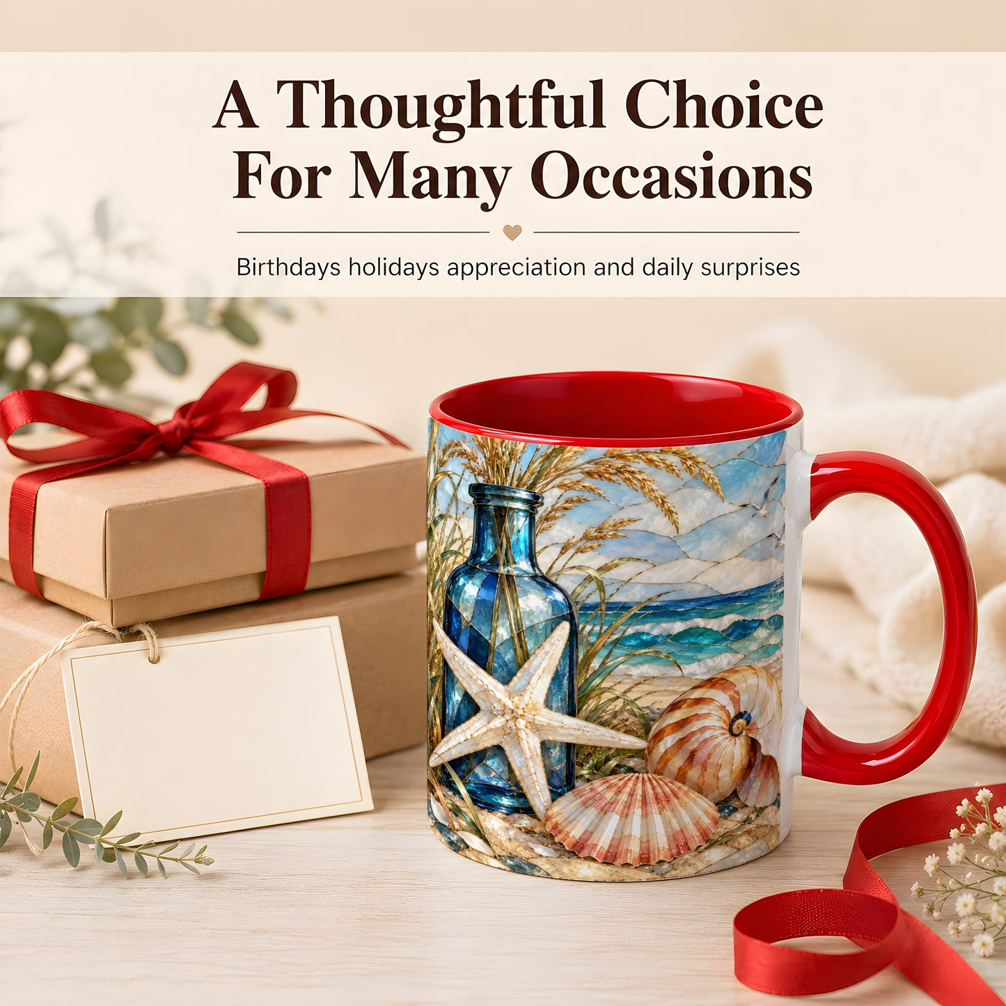 #pl[11oz|Red] Coastal Seashell Coffee Mug, Stained Glass Style Mug, Ceramic Cup