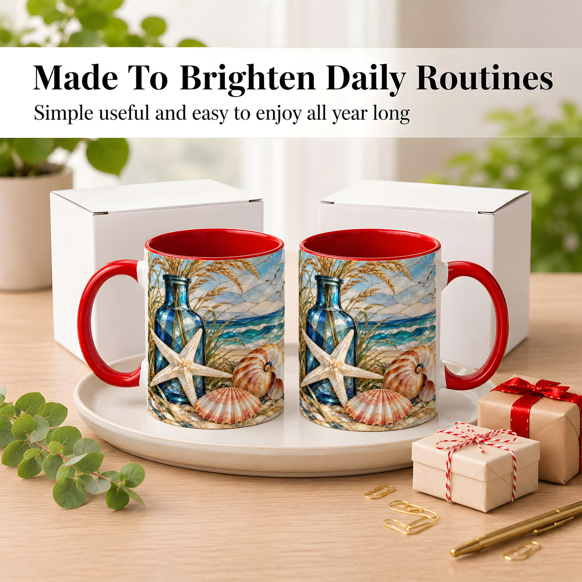 #pl[11oz|Red] Coastal Seashell Coffee Mug, Stained Glass Style Mug, Ceramic Cup