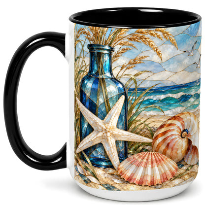 #pl[15oz|Black] Coastal Seashell Coffee Mug, Stained Glass Style Mug, Ceramic Cup