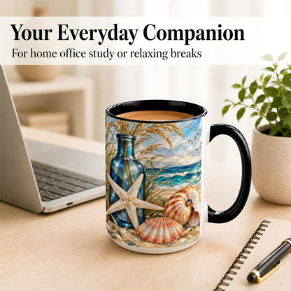#pl[15oz|Black] Coastal Seashell Coffee Mug, Stained Glass Style Mug, Ceramic Cup