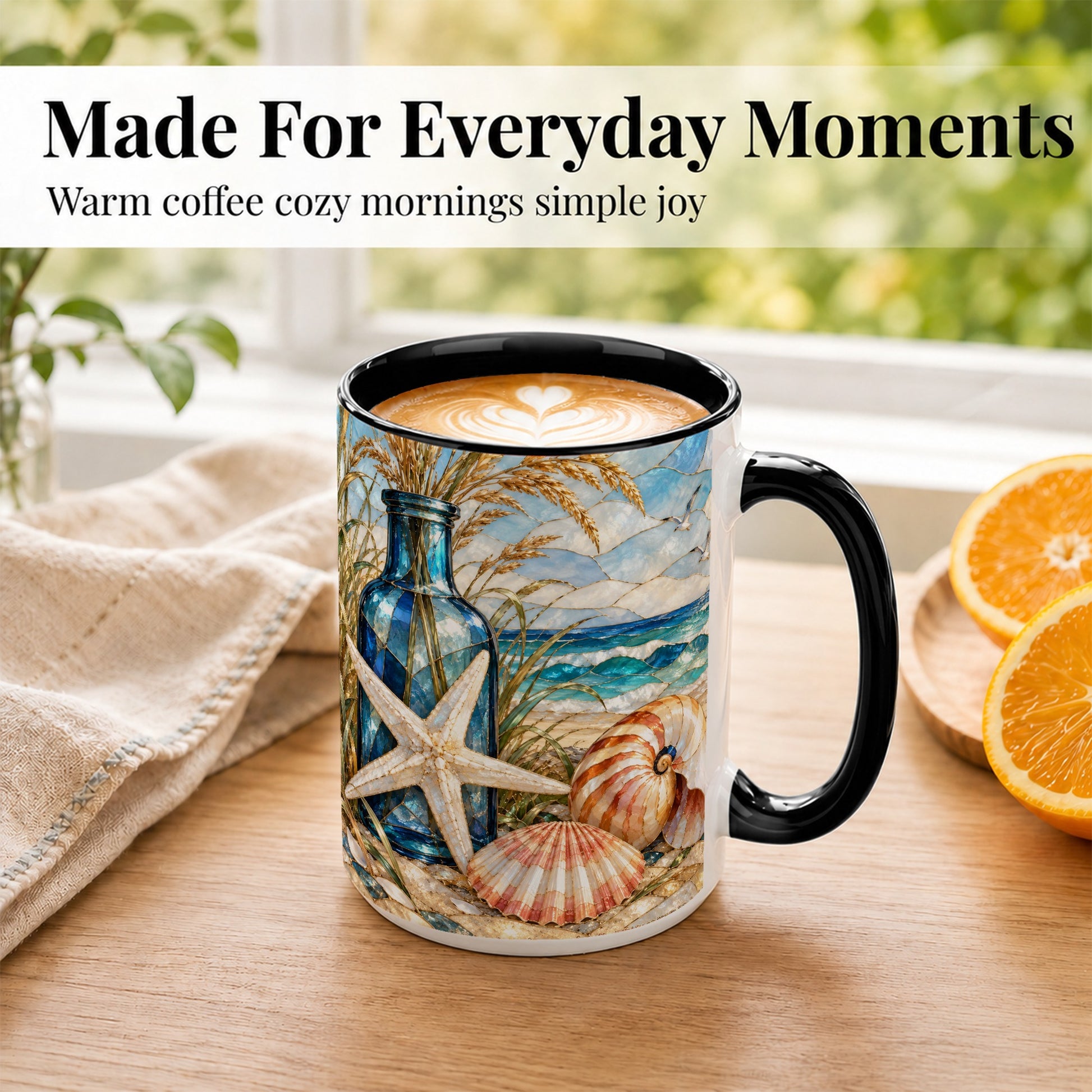 #pl[15oz|Black] Coastal Seashell Coffee Mug, Stained Glass Style Mug, Ceramic Cup